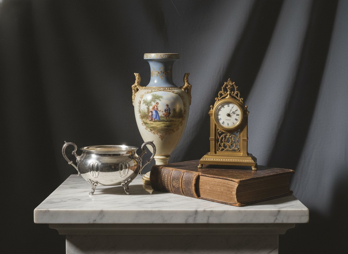 An arrangement of antique decorative objects and silver on a marble surface under warm gallery light.