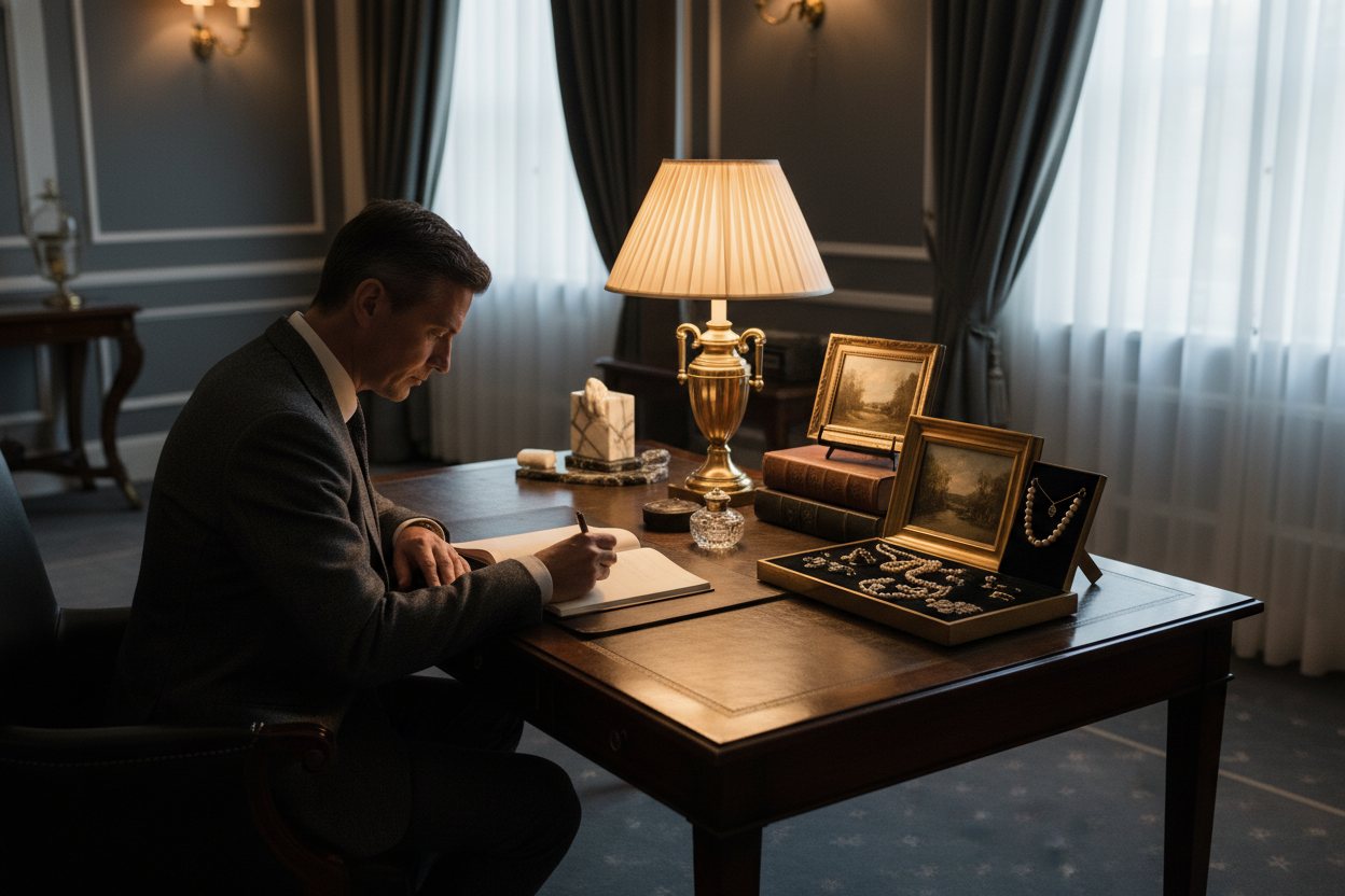 An appraiser making notes at a desk beside fine objects under warm, focused light.
