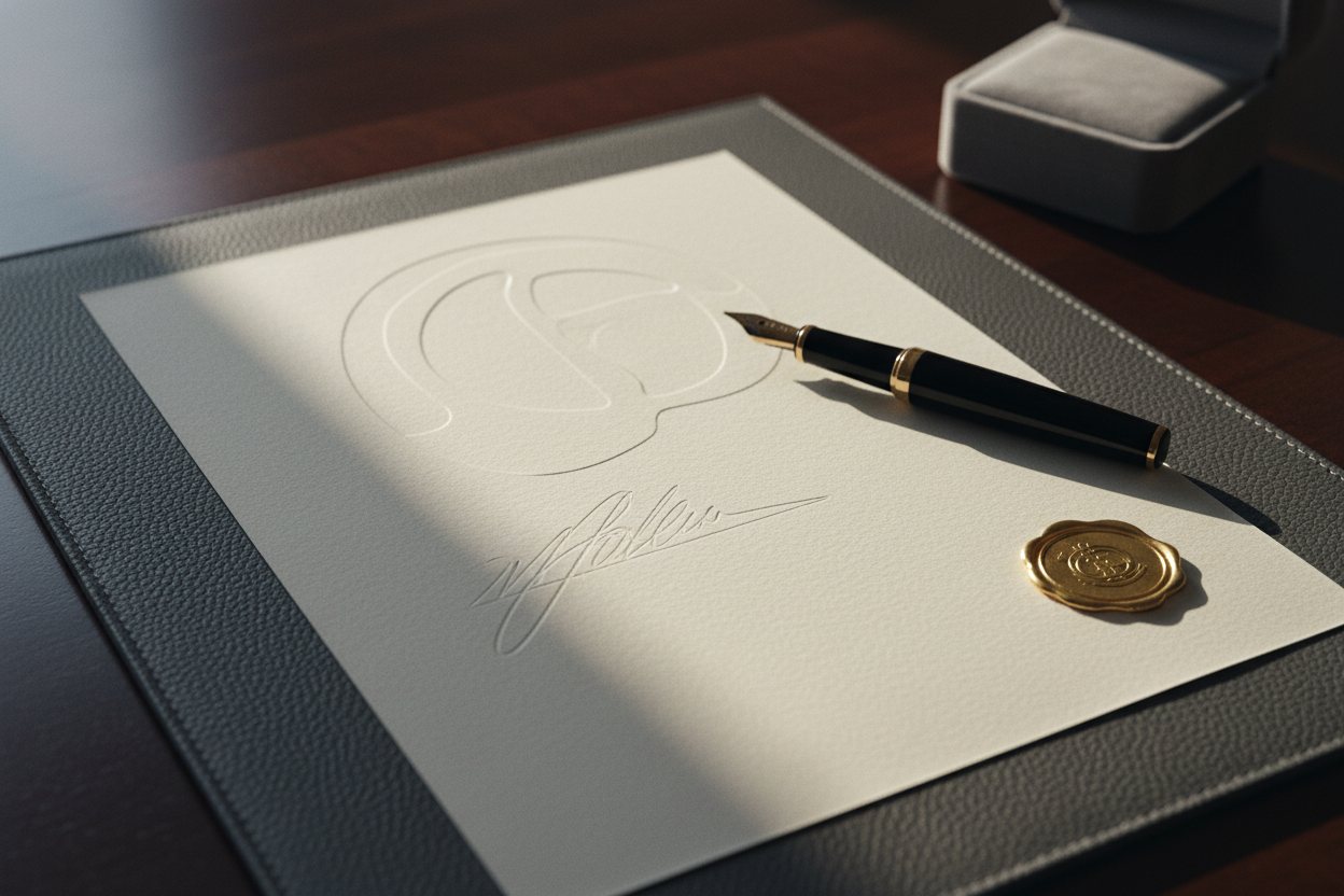 A signed and sealed appraisal document on a desk beside a fountain pen and a wax-style seal.