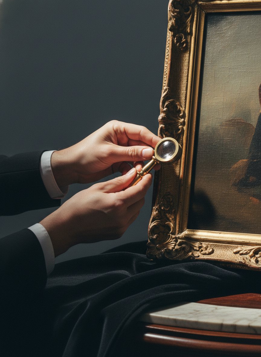 An appraiser examining a framed painting under warm gallery light with a loupe in hand.