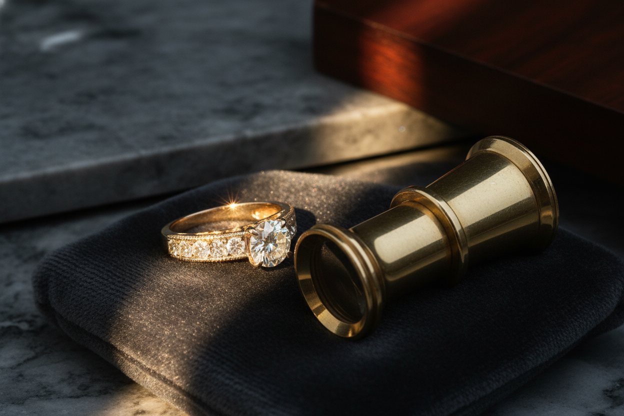 A gold-and-diamond ring on dark velvet being inspected through a jeweler's loupe.